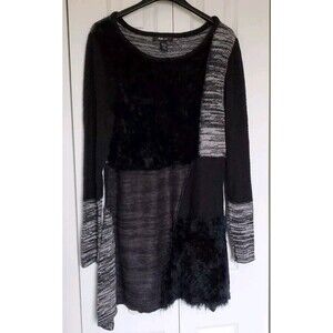 Style & Co Faux Fur Patchwork Dress Large Knit Sweater Dress Black Long Sleeve